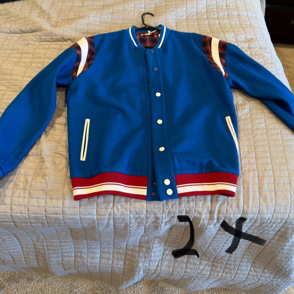 Classic Blue Varsity Jacket with Red and White Trim